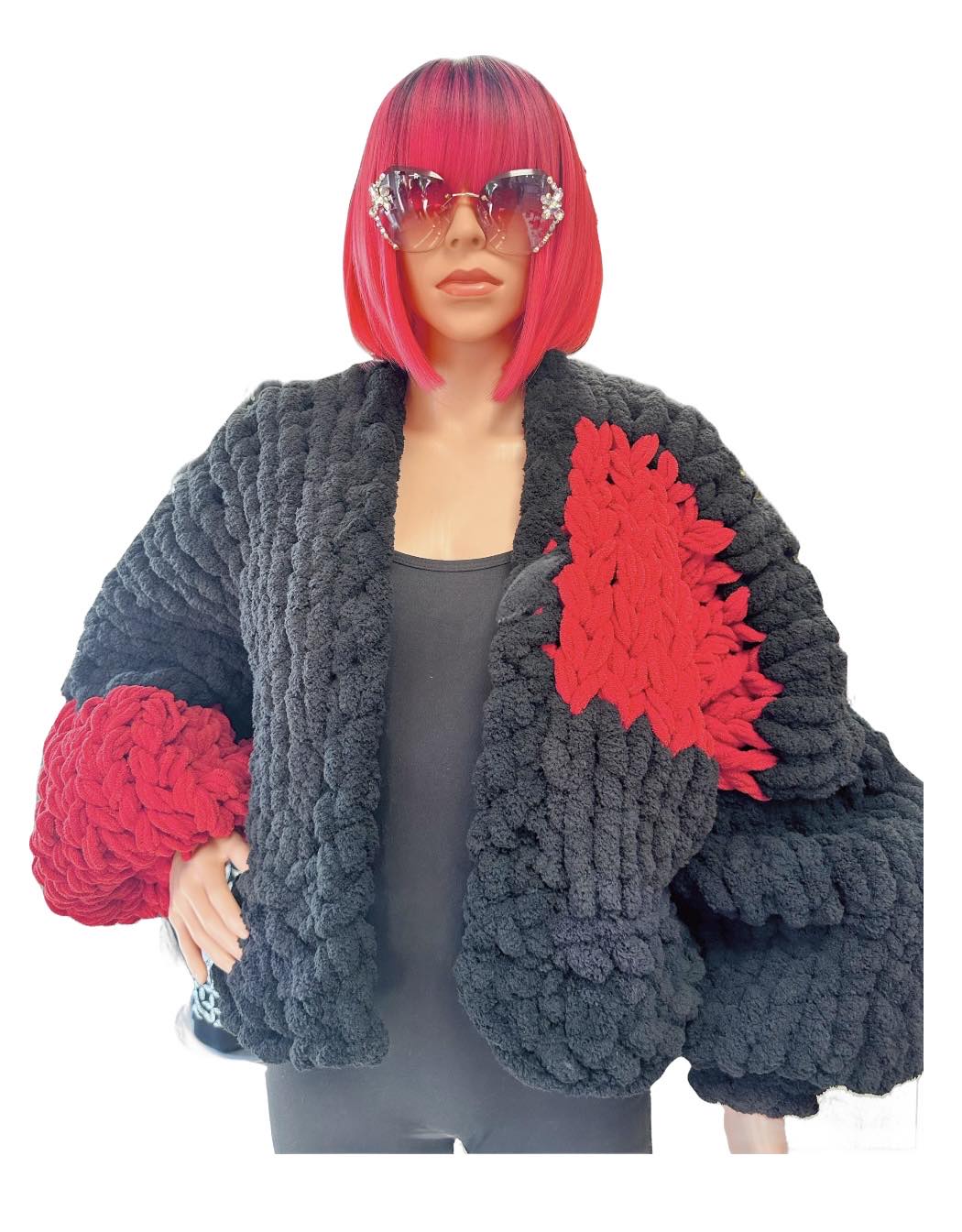 Chunky Chenille Hand Crochet Jacket-Black and Red