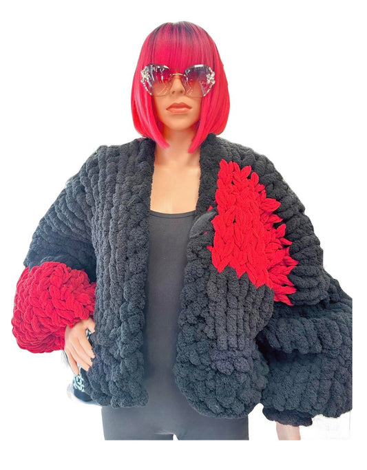 Chunky Chenille Hand Crochet Jacket-Black and Red