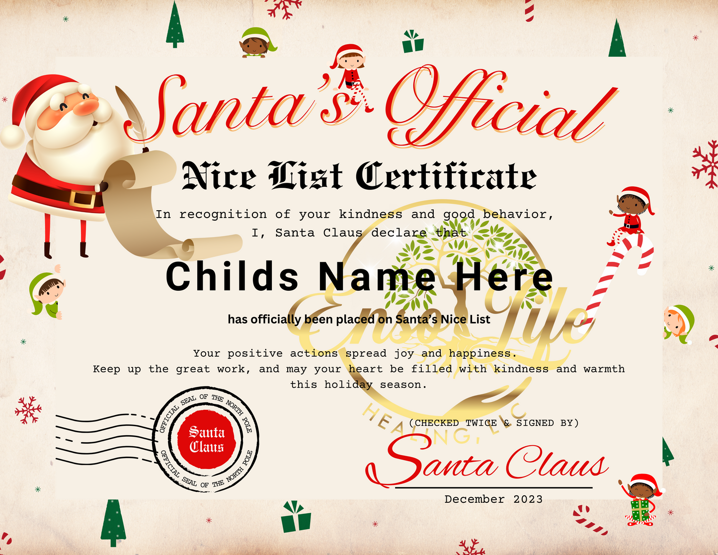 Child's Letter from Santa with Nice List Certificate and Reindeer Food